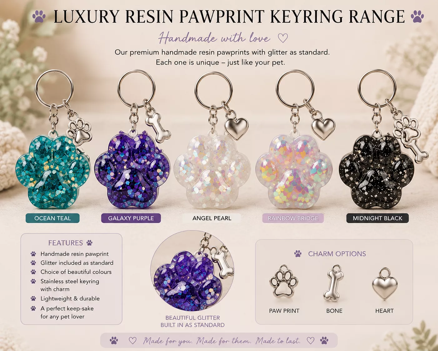 Luxury Handmade Resin Pawprint Keyring